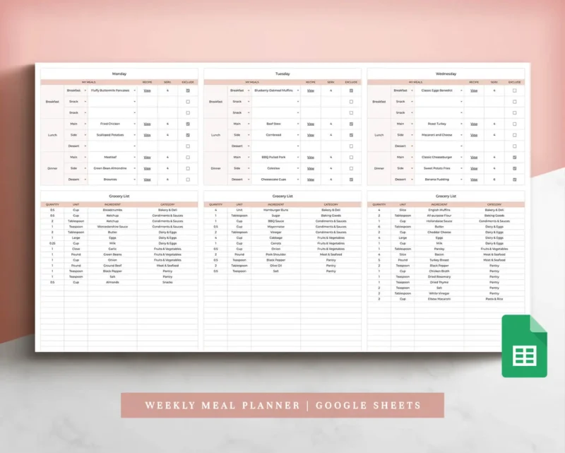 coplenty meal planner spreadsheet weekly meal planner template grocery list google sheets digital meal planner meal planning spreadsheet